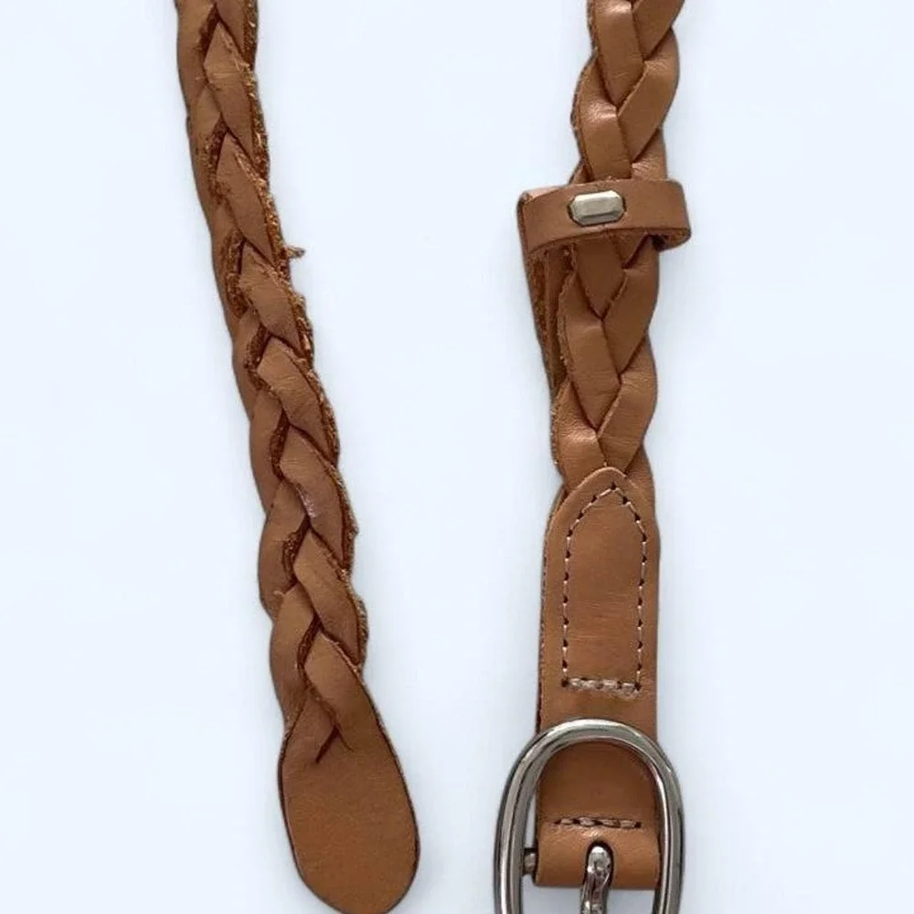 Tan leather braided skinny belt with silver buckle size M/L by Old Navy
